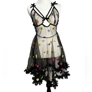 Unbranded Women’s Sheer Babydoll Negligee Style Dress Embroidered Flowers